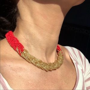 🆕 Red Coral Gold Bead Braided Choker Necklace 🐠